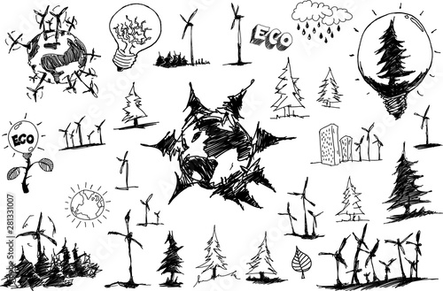 many hand drawn sketches of topics regarding nature nd environment and ecology and trees and wind energy
