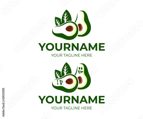 Avocado fruit and avocado cartoon character, logo design. Food, eating and vegetarian meal, vector design and illustration