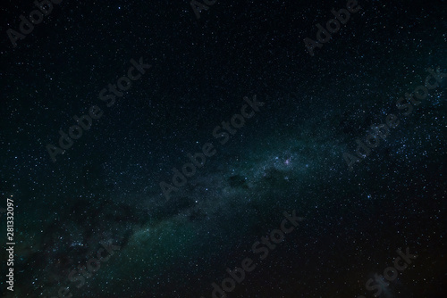 Cloudless starlit night sky with Milky Way and bright stars as panorama view for wallpaper and copy space