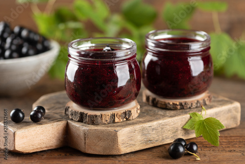 Two jars with black currant jam