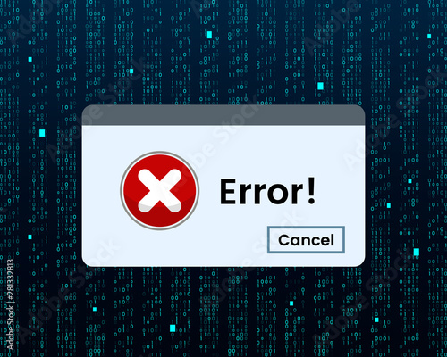 Windows error message. warning of system crash against binary computer data.