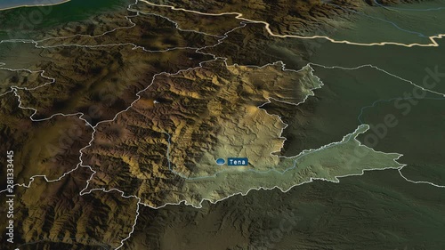 Napo - province of Ecuador with its capital zoomed on the physical map of the globe. Animation 3D