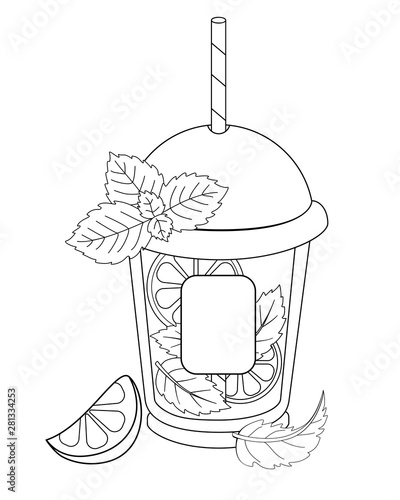 Drink Mohito in a glass with a lid and a drinking straw with copy space. A glass decorated with mint leaves and a slice of lemon. Lemon, lime and mint in a glass with mojito. Vector picture for colori