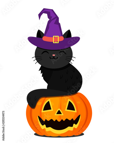 A cute black kitten in a purple witch hat is sitting on an orange Halloween pumpkin.