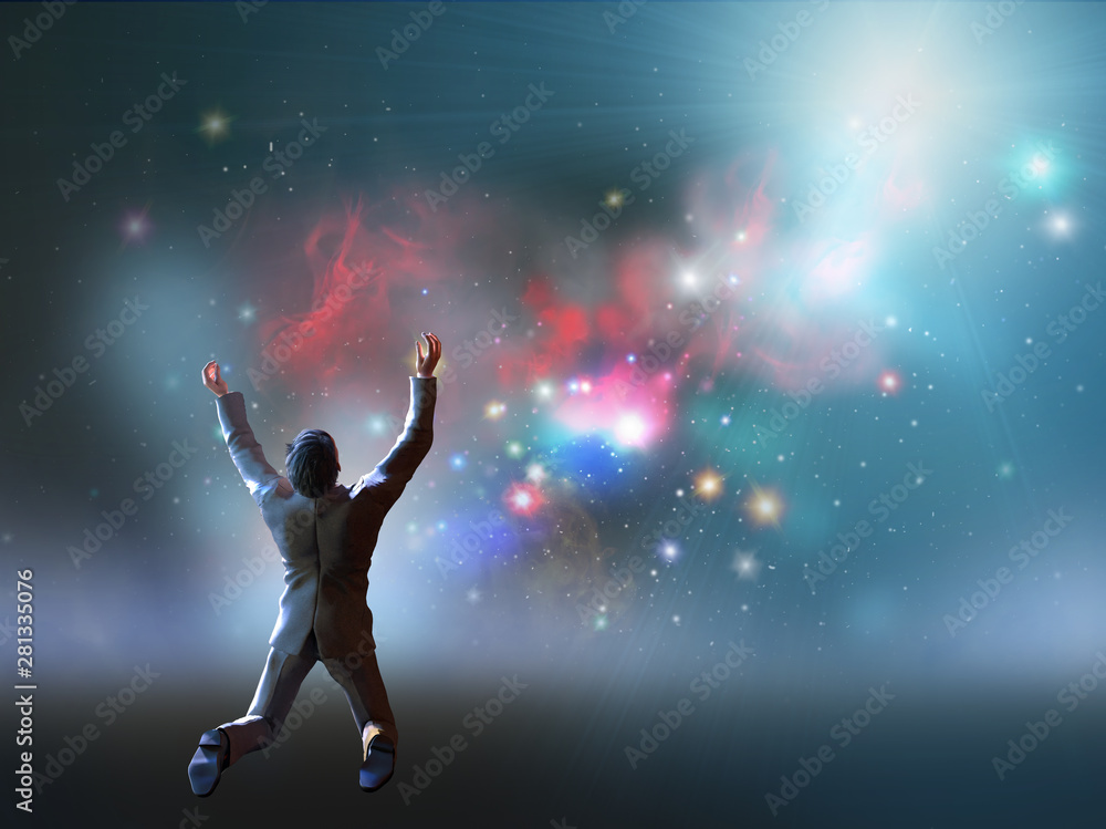 man stands watching with wonder the universe and amazement galaxy fill the night sky 3d render