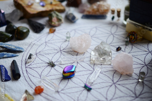 Meditation Grid Kit. Quartz Tower, Natural Citrine, Quartz Points. Variety of colorful crystals on textured background. Healing Crystal Bundle Alter set, Wiccan Witchcraft, Crystal Healing Decor photo