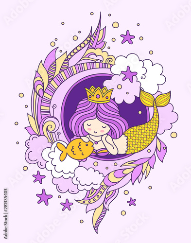 Lying dreamy princess mermaid with fish, surrounded by seaweed, clouds, starfish. Vector illustration for poster, print, invitation, banner, postcard, card.