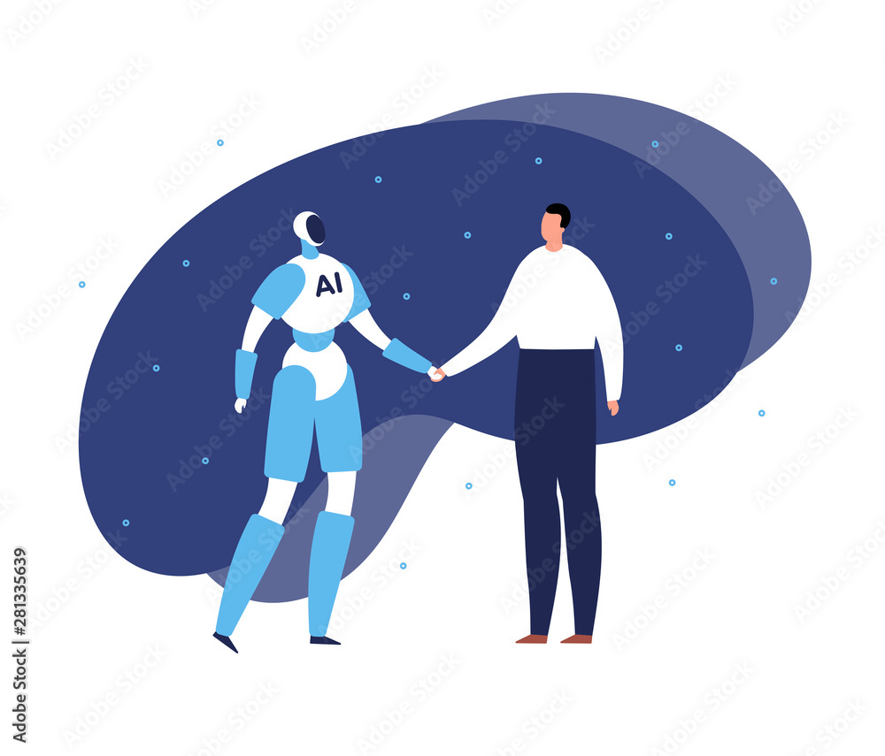 Obraz premium Vector modern flat artificial intelligence communication banner template. Blue robot and male person hand shake and talking. Design element for future science, robotic, ai poster.