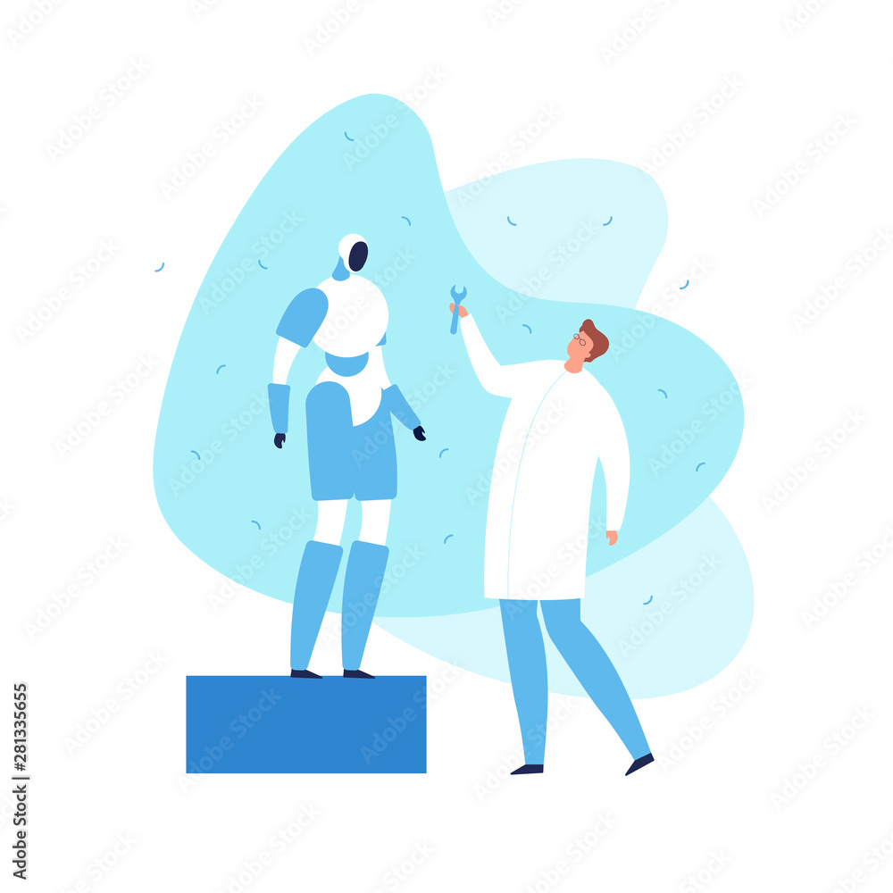Vector modern flat robot engineer character illustration. Android and male with wrench on blue shape background isolated on white. Concept of future engineering. Design element for web, banner Vector modern flat robot engineer character illustration. Android and male with wrench on blue shape background isolated on white. Concept of future engineering. Design element for web, banner