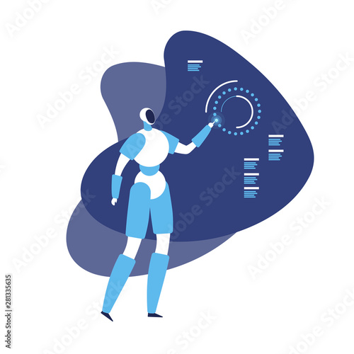 Vector modern flat artificial intelligence banner template. Blue robot character working with holo touch interface isolated on white. Design element for science, robotic, engineering, ai poster