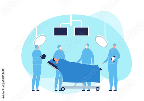 Vector modern flat surgery illustration. Surgeon with patient on coach in operating room with monitor and lamp on fluid shape background. Design element for medicine web, ui, poster, banner.