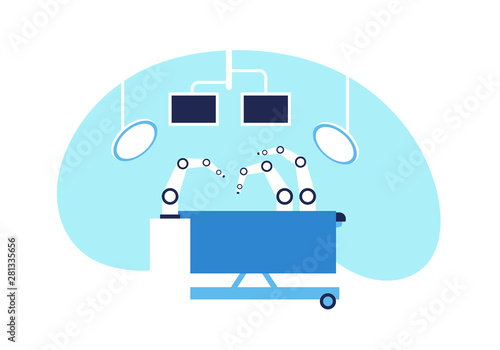 Vector modern flat robotic surgery illustration. Robot hand surgeon in operating room with monitor and lamp isolated on white background. Design element for medicine web, ui, poster, banner.