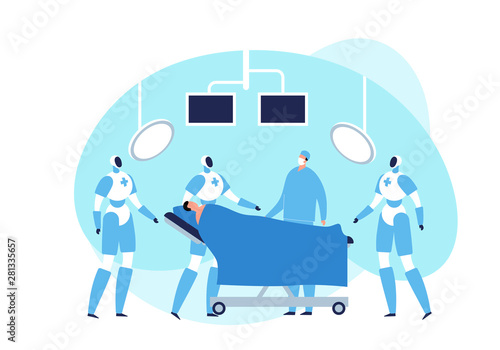 Vector modern flat robotic surgery illustration. Surgeon and robot with patient in operating room with monitor and lamp on white background. Design element for medicine web, ui, poster, banner.
