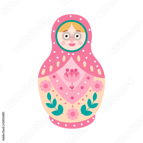 Cute colorful nesting doll with big eyes and traditional flower design