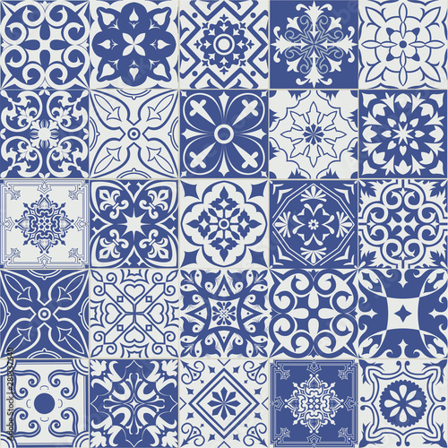 Set of blue and white tiles in portuguese style.