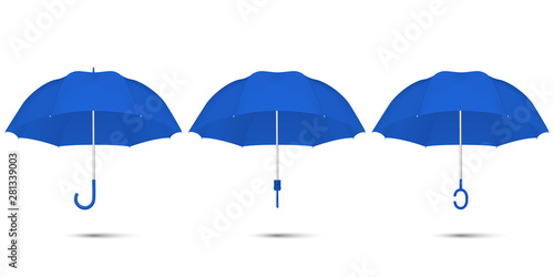 Vector 3d Realistic Render Blue Blank Umbrella Icon Set Closeup Isolated on White Background. Design Template of Opened Parasols for Mock-up, Branding, Advertise etc. Top and Front View