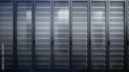 Camera slides near datacenter server racks. 4K 60 fps loopable animation.