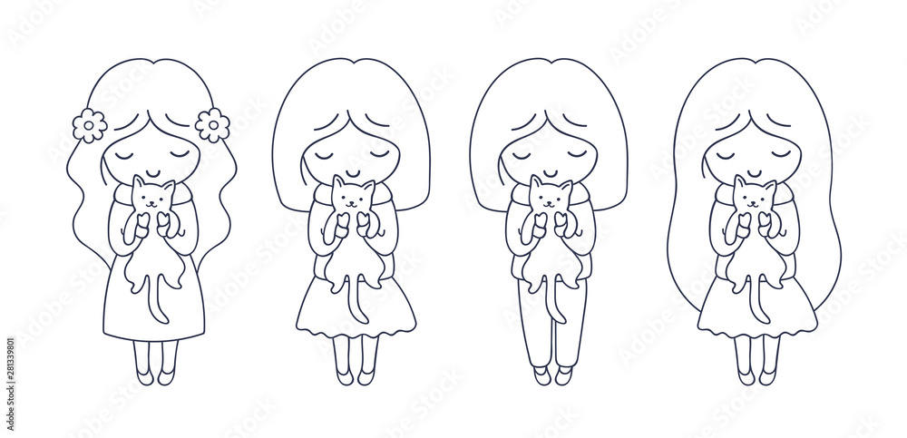 Set of beautiful little girl with cute kittens. Vector illustrations.