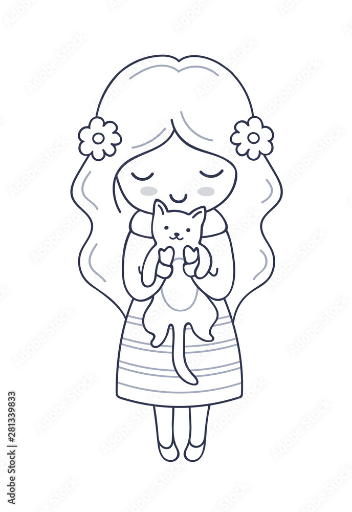 Little girl with kitten in her hands. Vector illustration for coloring book, print, card, postcard, poster, t-shirt, tattoo. Little girl with kitten in her hands. Vector illustration for coloring book, print, card, postcard, poster, t-shirt, tattoo.