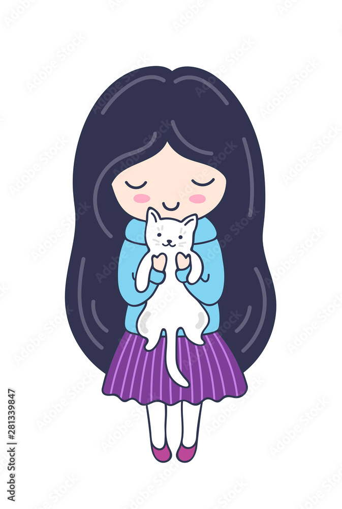 Dark-haired girl, holding white cat. Lovely cartoon character. Vector illustration for coloring book, pin, sticker, patch, badge, print, card, postcard, poster. Dark-haired girl, holding white cat. Lovely cartoon character. Vector illustration for coloring book, pin, sticker, patch, badge, print, card, postcard, poster.