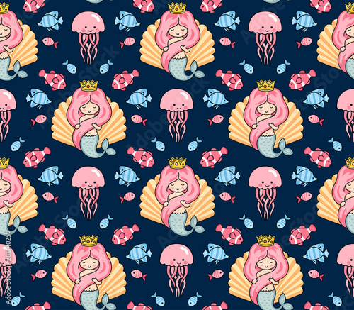 Little princess mermaid, surrounding by fish, on a dark blue background. Seamless pattern. Under the sea. Print design for textile, fabric, postcard, posters, decor, greeting card. Vector illustration