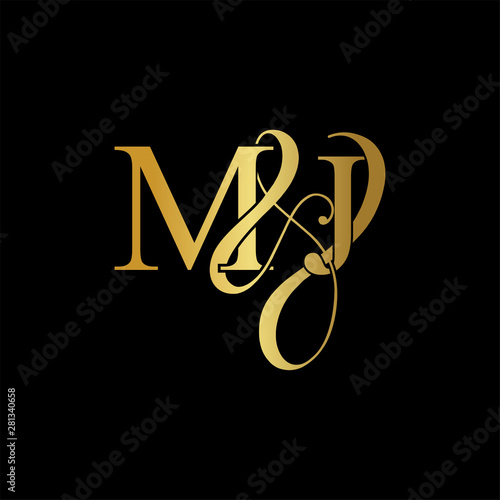 Initial letter M & J MJ luxury art vector mark logo, gold color on black background. photo