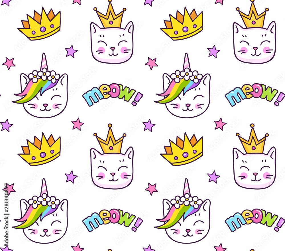 Kittens and golden crowns, meow inscriptions. Seamless pattern for children, babies, kids. Rainbow colorful print. Kittens and golden crowns, meow inscriptions. Seamless pattern for children, babies, kids. Rainbow colorful print.