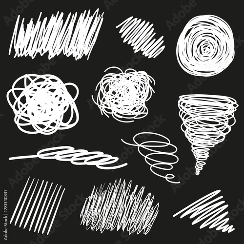 Hand drawn abstract shapes on black. Grungy hatching backgrounds with array of lines. Stroke chaotic patterns. Black and white illustration. Sketchy elements for design