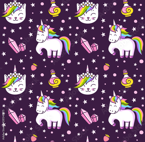 Cute prancing unicorn in the night sky. Cat's head with rainbow horn. Dark seamless pattern for fabric, textile, print, notebook, book.
