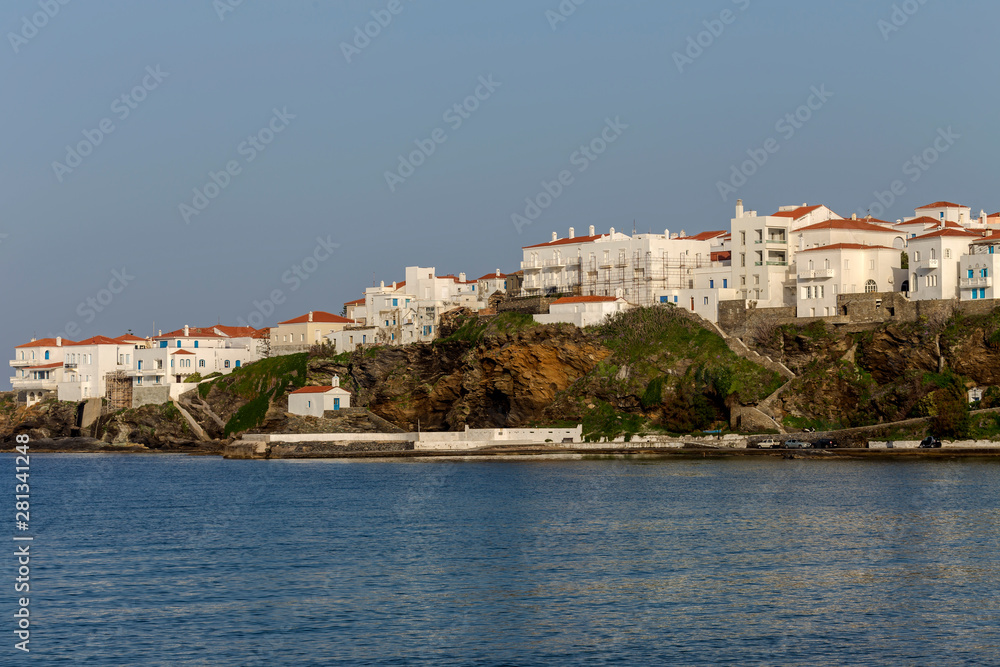 Obraz premium Greek Islands. View of the Chora town from high (Andros Island, Cyclades, Greece).