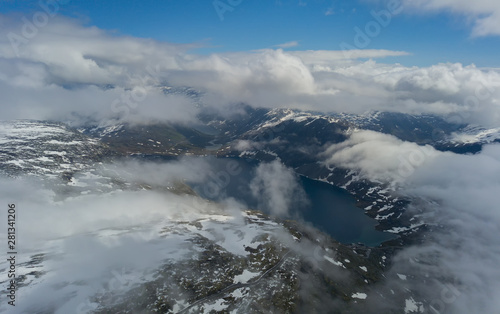 Panorama of the lake Djupvatnet on the road to mount Dalsnibba in Norway. Aerial drone  shot in july 2019