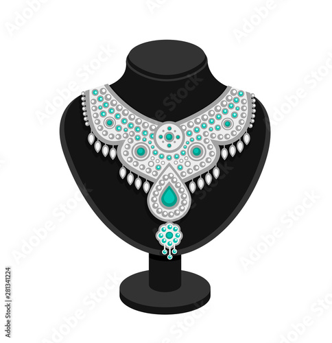 Black stand with rich silver necklace with turquoise. Cartoon vector mannequin, isolated on a white background.