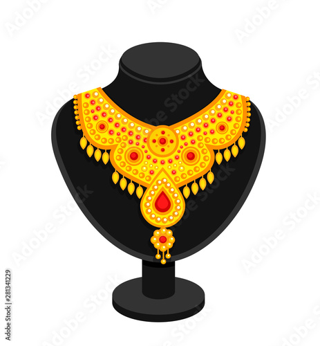 Black stand with rich golden necklace. Cartoon vector mannequin, isolated on a white background.