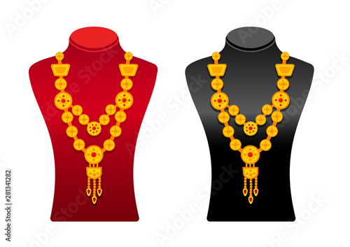 Black and red mannequins with gold necklaces. Cartoon vector stands, isolated on a white background.