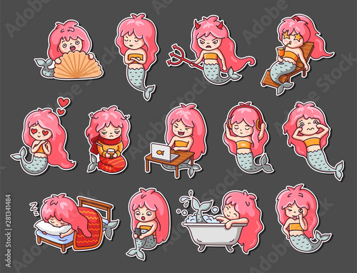 Set of kawaii colored mermaid with pink hair. Collection of bright stickers with cute cartoon characters. Vector illustrations.