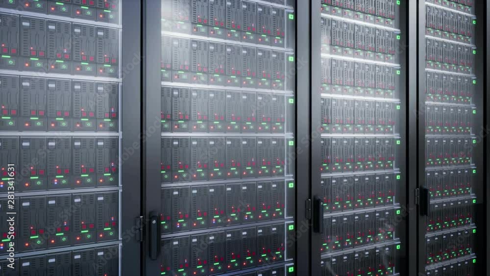 Camera zoom to server racks. 60 frame per second animation.