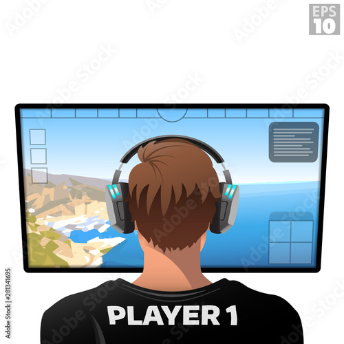 Video game player wearing wireless headphones playing a MMO massively multiplayer online type of game in front of a