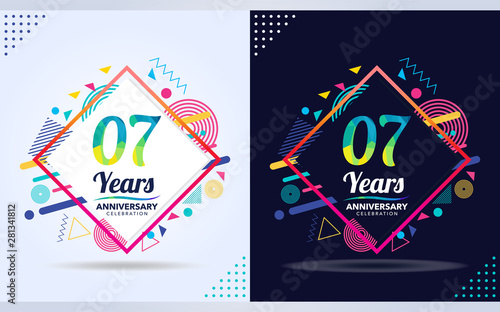 7 years anniversary with modern square design elements, colorful edition, celebration template design.
