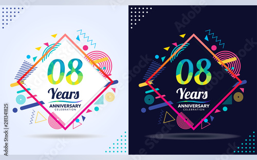 8 years anniversary with modern square design elements, colorful edition, celebration template design.