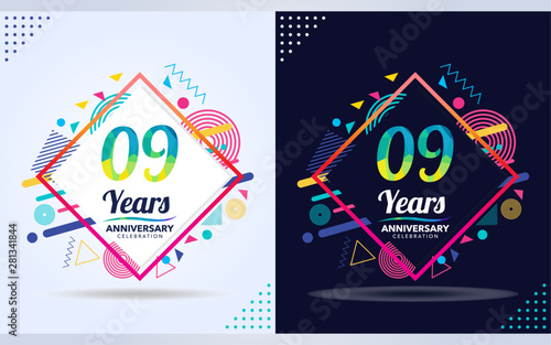 9 years anniversary with modern square design elements, colorful edition, celebration template design.