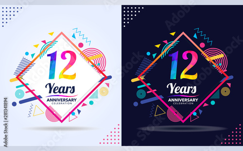 12 years anniversary with modern square design elements, colorful edition, celebration template design.