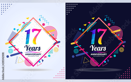 17 years anniversary with modern square design elements, colorful edition, celebration template design.