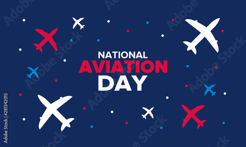 National Aviation Day in United States. Holiday, celebrated annual in August 19. Design with airplane and american flag. Patriotic element. Poster, greeting card, banner and background. Vector illustr