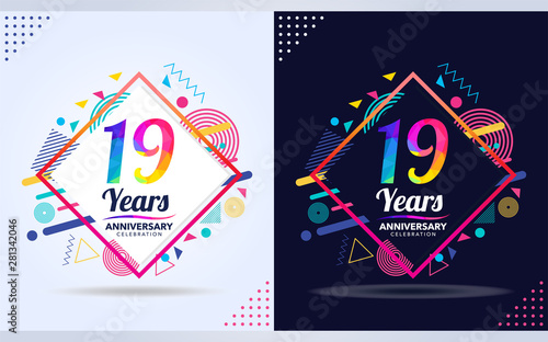 19 years anniversary with modern square design elements, colorful edition, celebration template design.