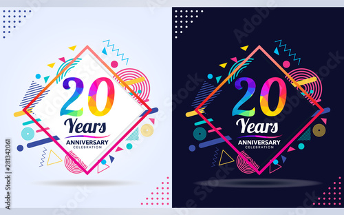 20 years anniversary with modern square design elements, colorful edition, celebration template design. photo