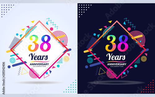 38 years anniversary with modern square design elements, colorful edition, celebration template design