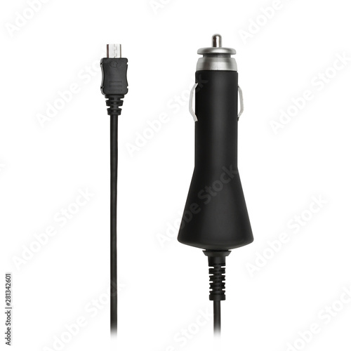 Car charger isolated on white background. Telephone smartphone auto charging