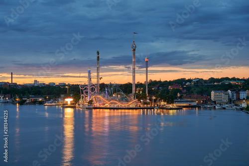 Gröna lund the amusement park in Stockholm at sunset