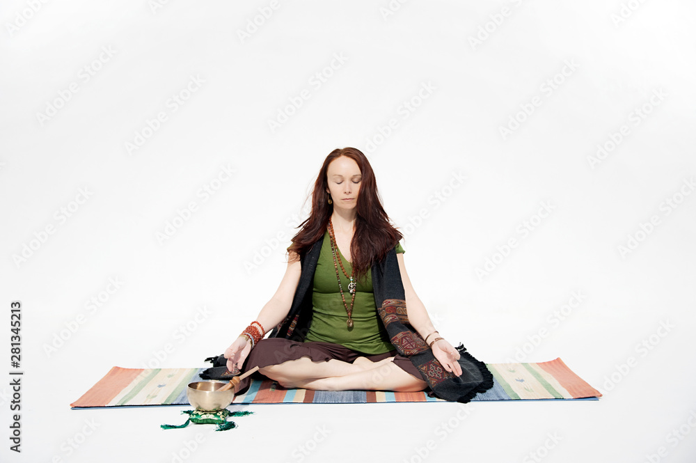 Meditating woman white background holistic mindfulness wellness and health practice. Meditating woman white background holistic mindfulness wellness and health practice.
