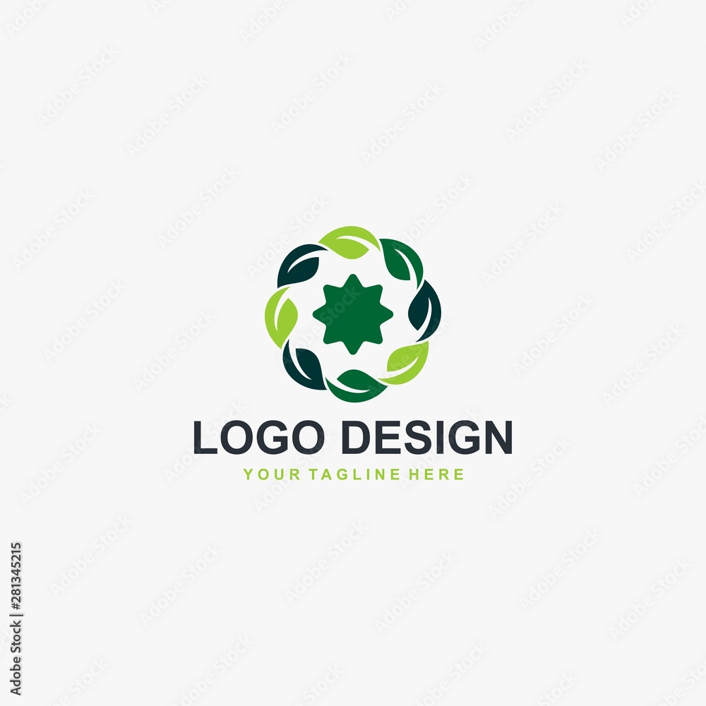 Green leaf logo design vector. Plant abstract illustration symbol. Circle leaves and star vector icons. 